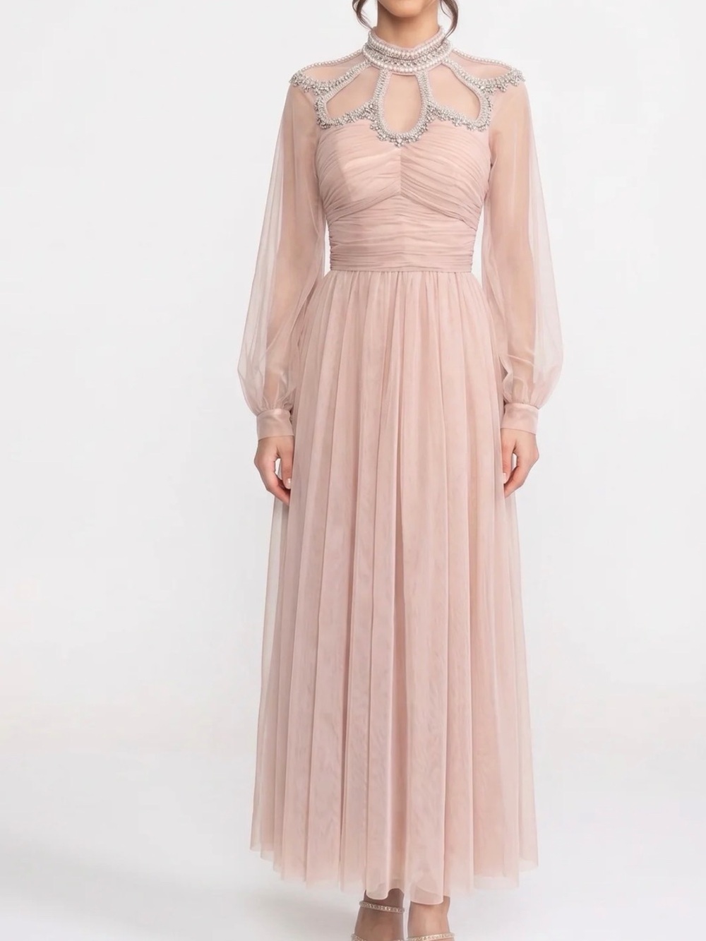Beaded High-Neck Blush Long-Sleeve Tulle Gown
